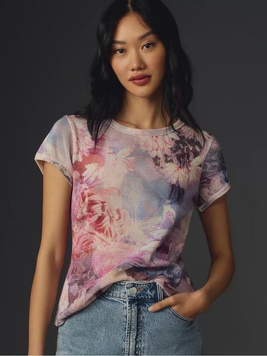 Pilcro Tops - Anthropologie Pilcro Mesh Ringer Tee XS Pastel Floral Watercolor Festival Boho